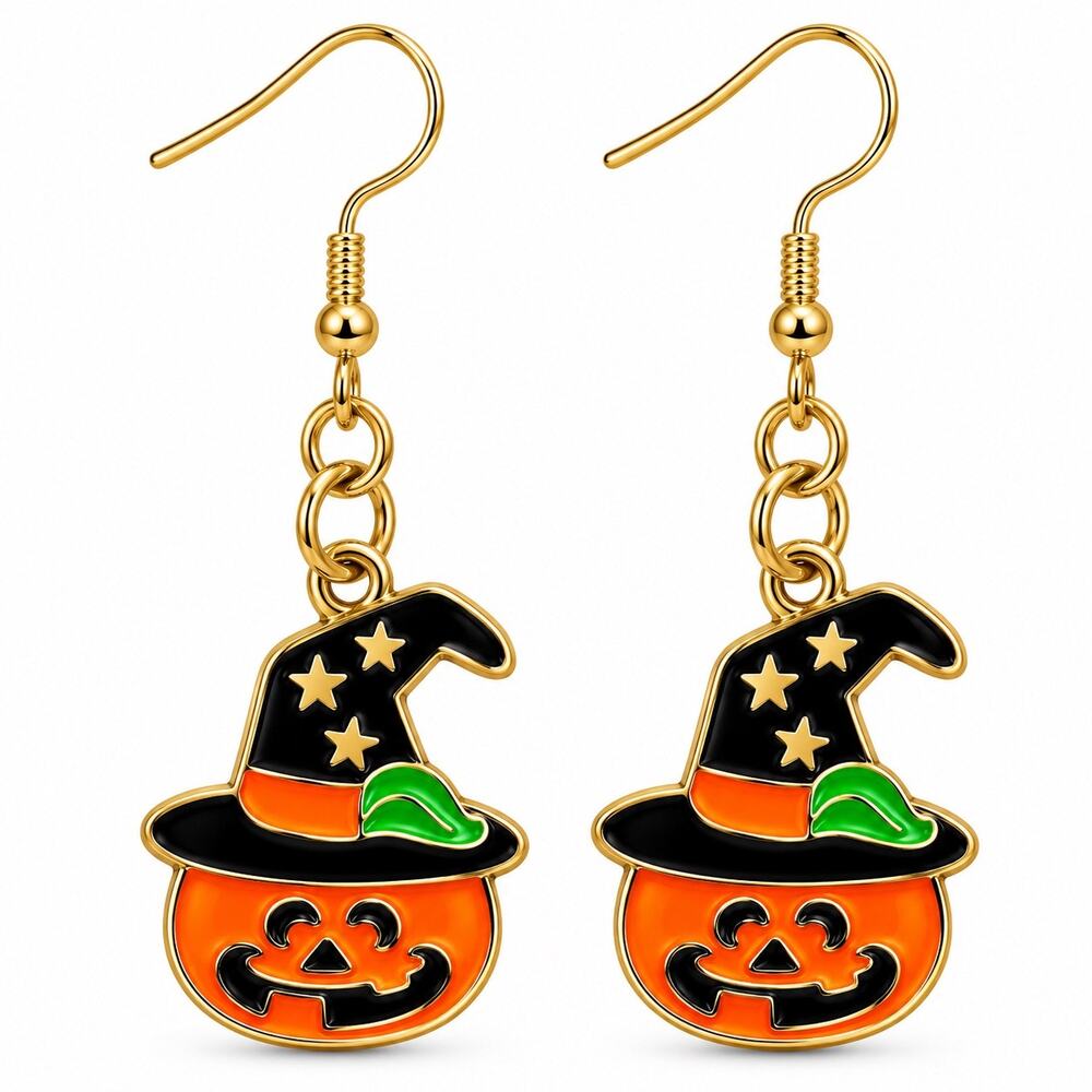 Halloween Orange Jack O Lantern Witch Hat Gold Tone Dangle Earrings NWOT